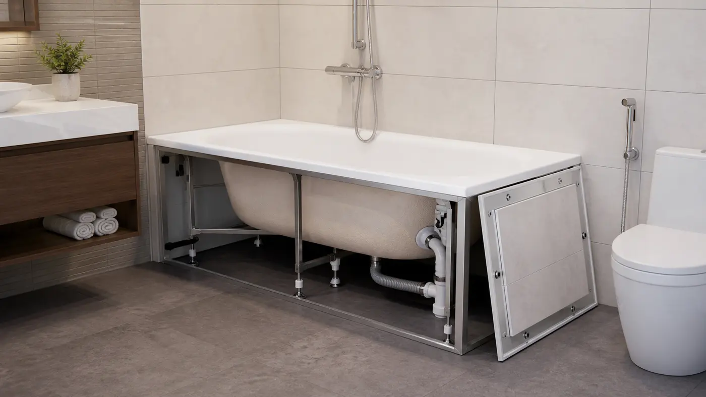 khung chân bộ xả và cửa thăm bồn tắm acrylic