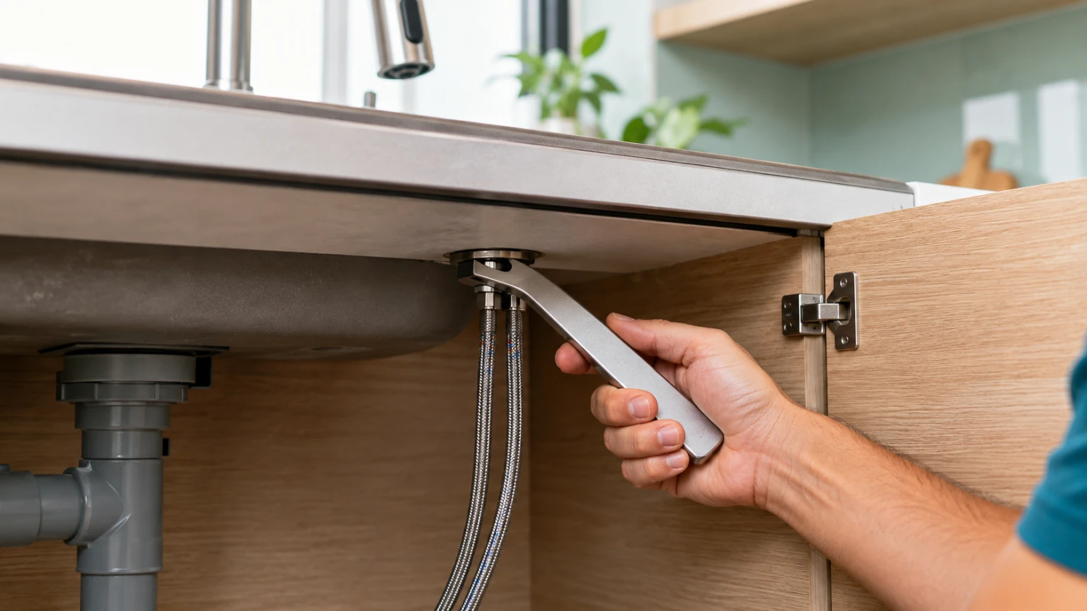 Siết đai ốc dưới đáy chậu rửa bát