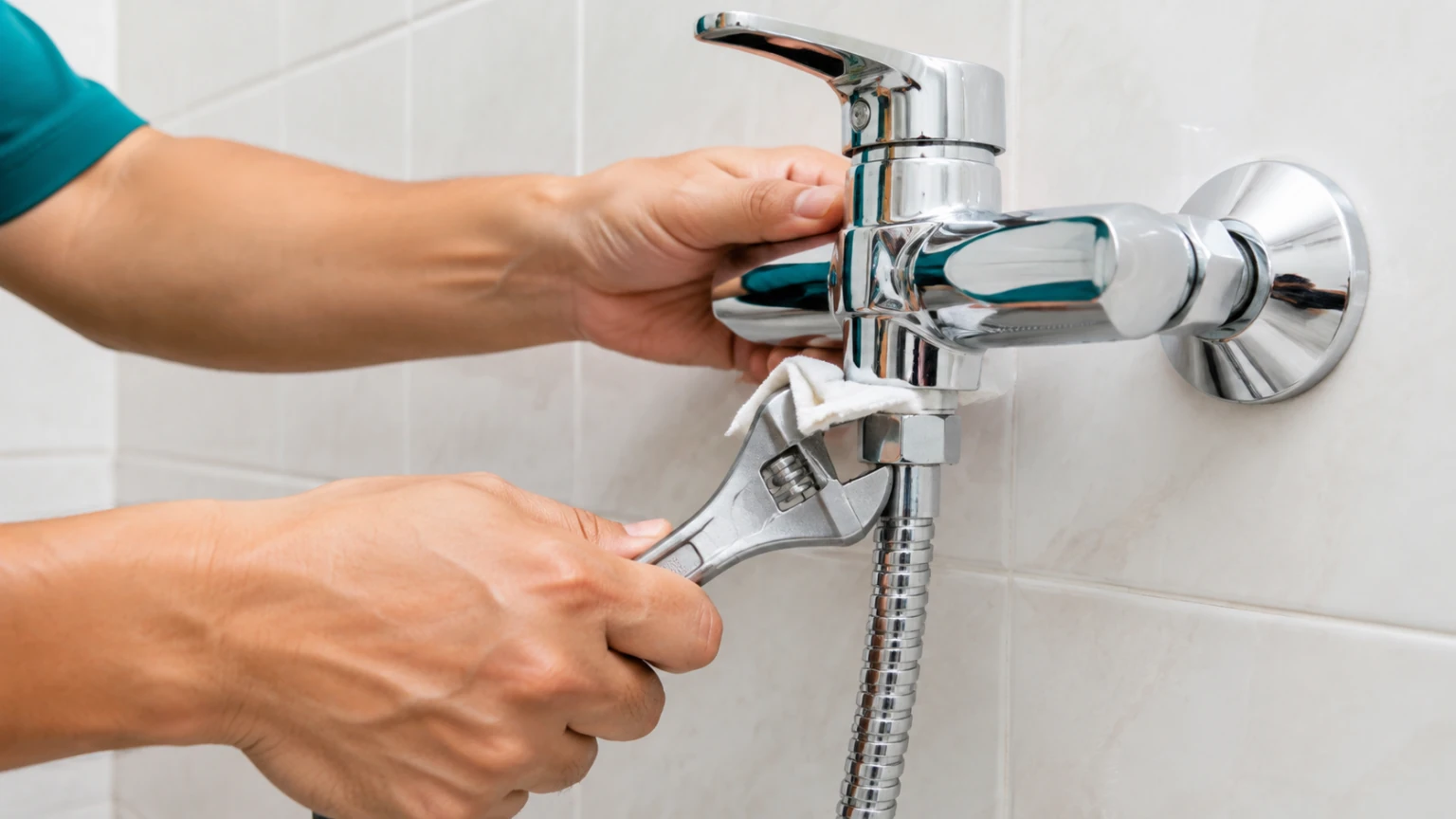 Dùng mỏ lết bọc vải để tháo đai ốc dây sen