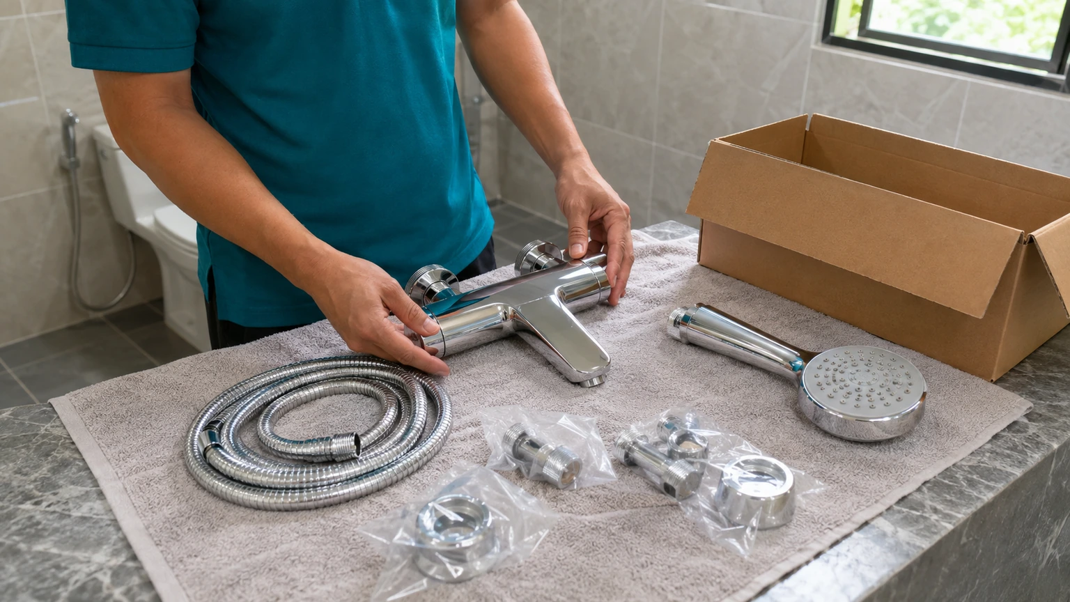 Đối chiếu các chi tiết trong bộ sen tắm khi nhận hàng