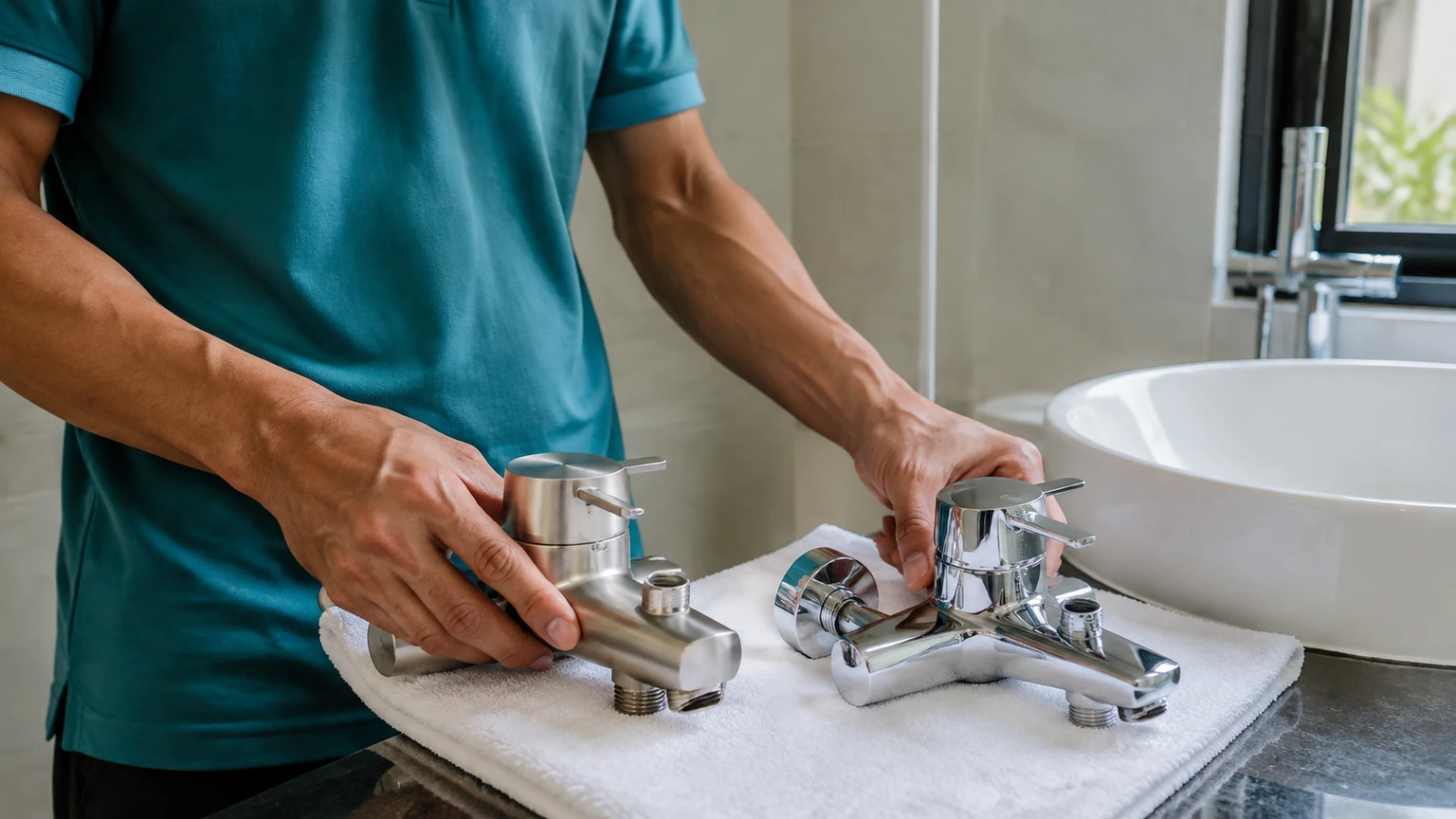 Thợ kiểm tra vật liệu sen vòi inox và đồng mạ crom